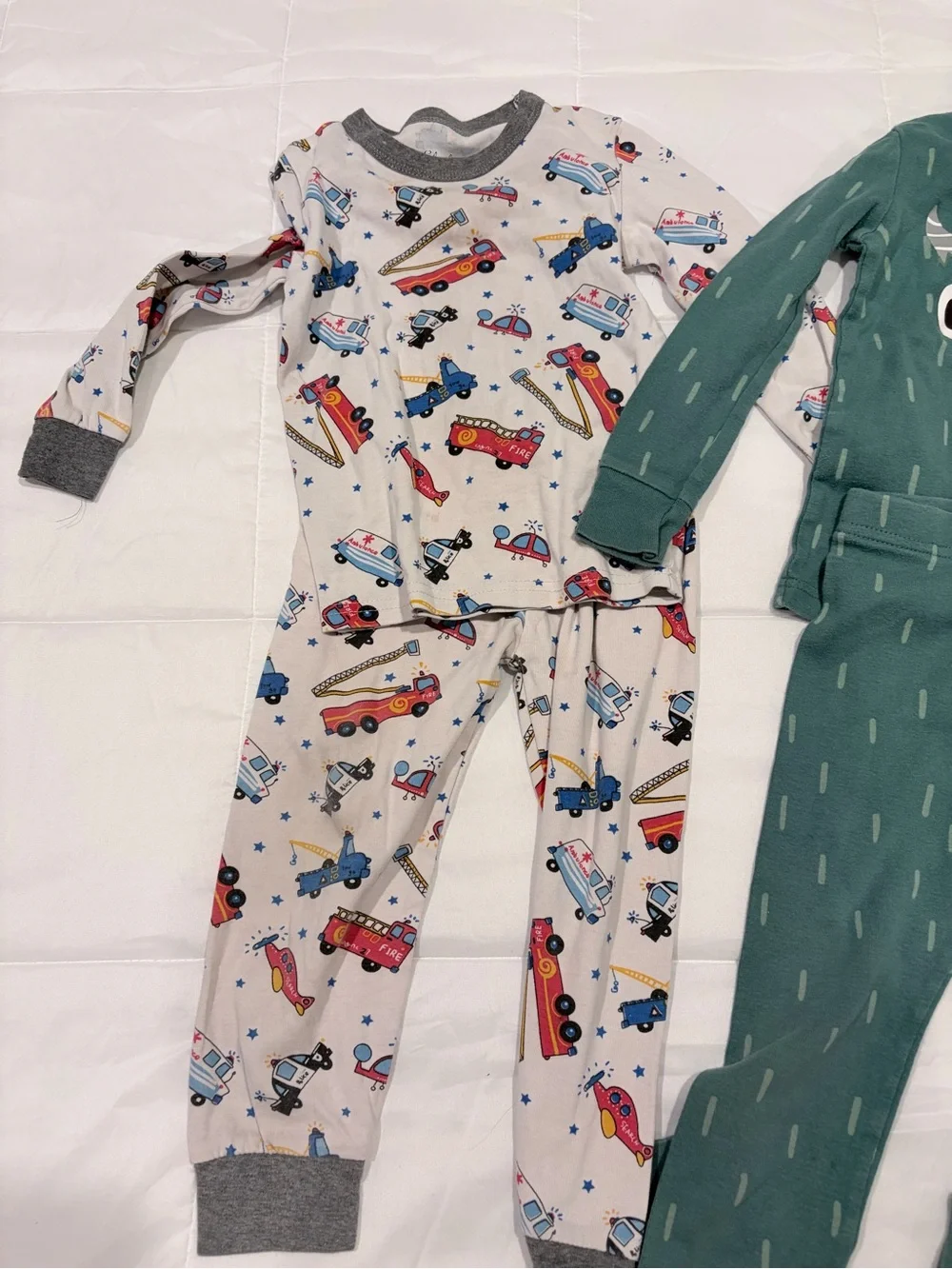 Old Navy Green Monster Pajama Set & Shelry White Vehicle Print Set